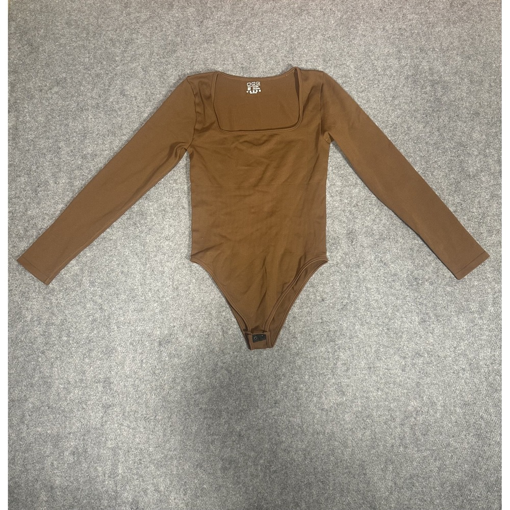 OQQ Square Neck Long Sleeve Bodysuit Medium Brown Ribbed Nylon Spandex Stretch